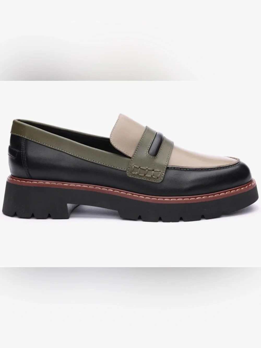 Sanctuary Women’s SZ 10  Two-Tone Penny Loafer in Black, Olive & Cream